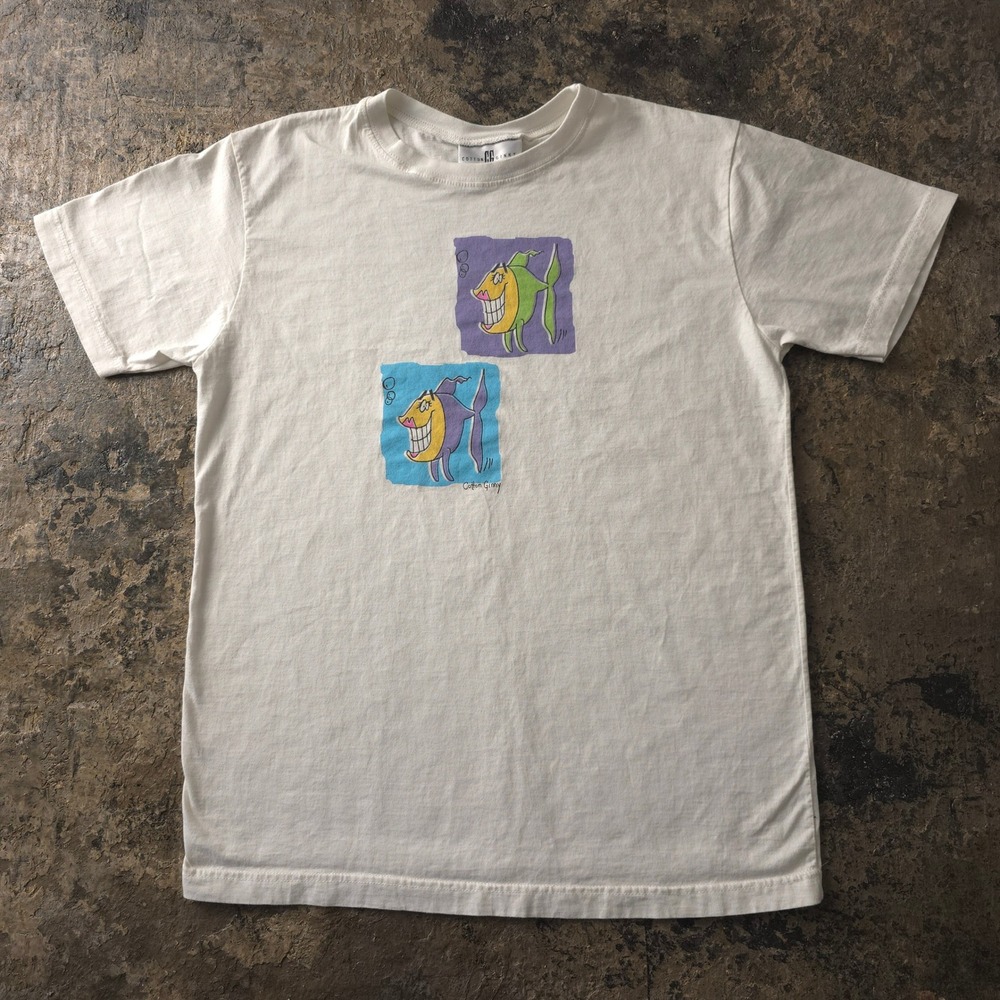 Vintage 90s Cotton Ginny White T-shirt Small Fish Graphic Oversized Cotton